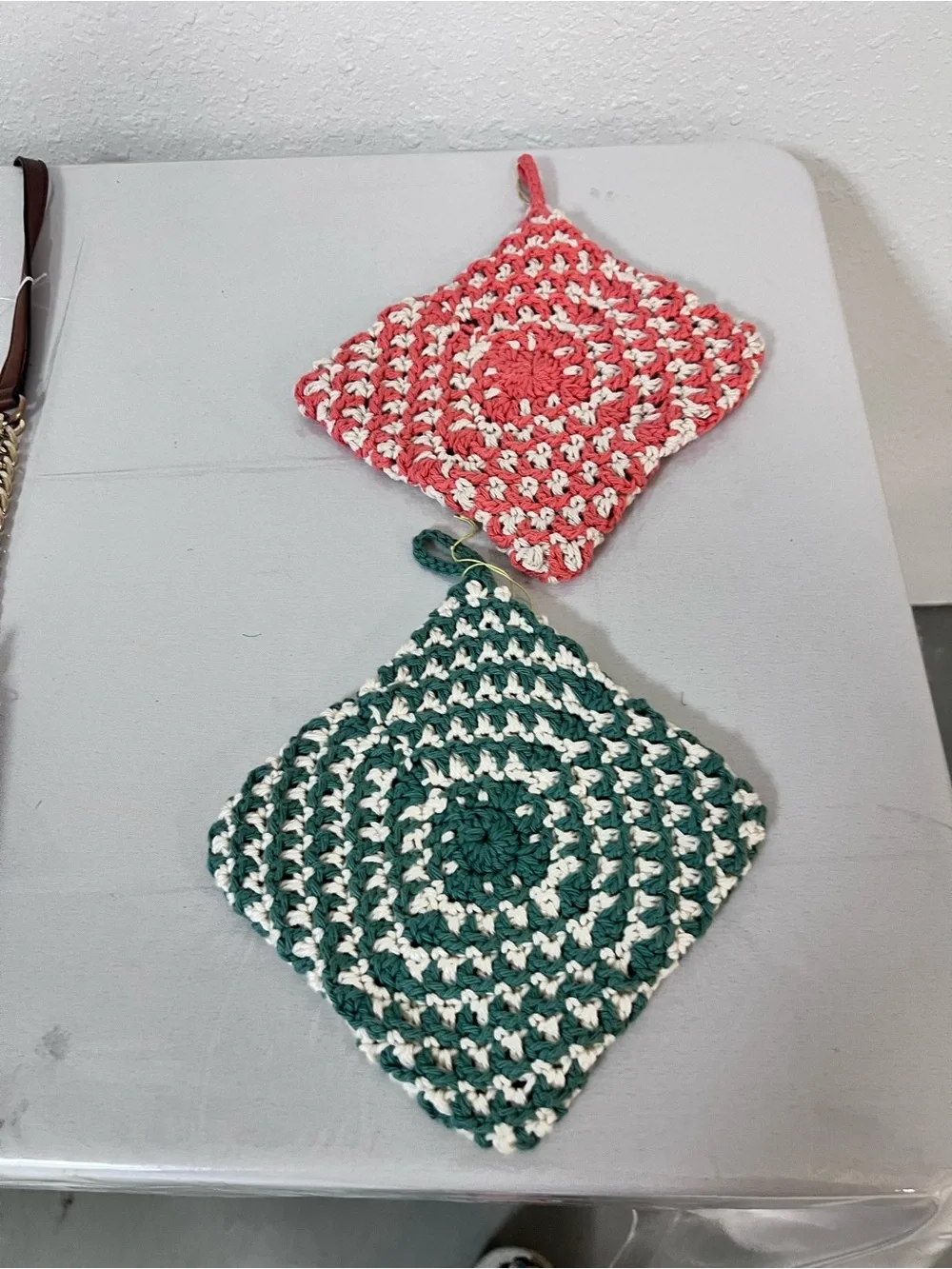 Handmade Crocheted trivets and Dishcloth - Coral & Green Set